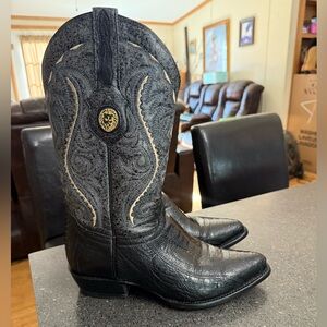 Lamasini Black And Blue Leather Ostrich Leg Western Cowboy boots size 8 Men's.